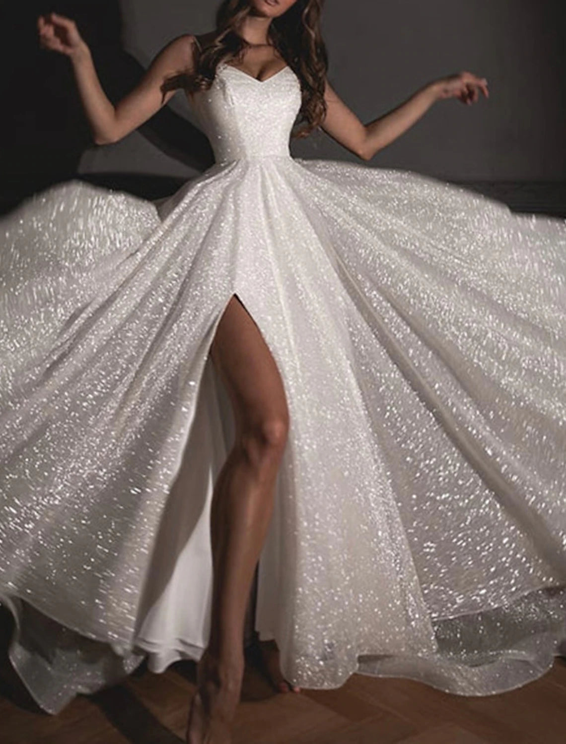 A-Line Prom Dresses Glittering Dress Wedding Guest Wedding Party Sweep / Brush Train Sleeveless Spaghetti Strap Fall Wedding Reception Tulle with Sequin Slit 2025